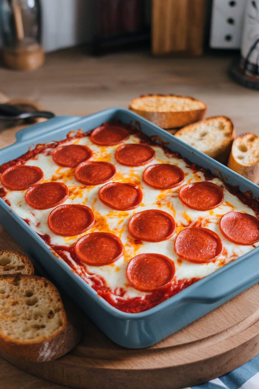 Indoor baking dish bubbling with layers of melted cheese, marinara, and pepperoni slices, toasted baguette rounds on the side. No text or logos.