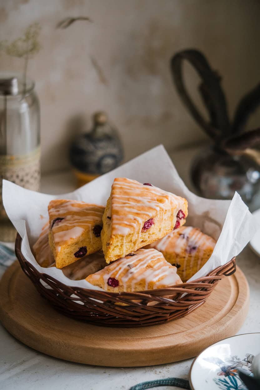 A basket of triangular cranberry orange scones with a light citrus glaze, photographed indoors on a breakfast table. No text or logos. Photo, not illustration.
