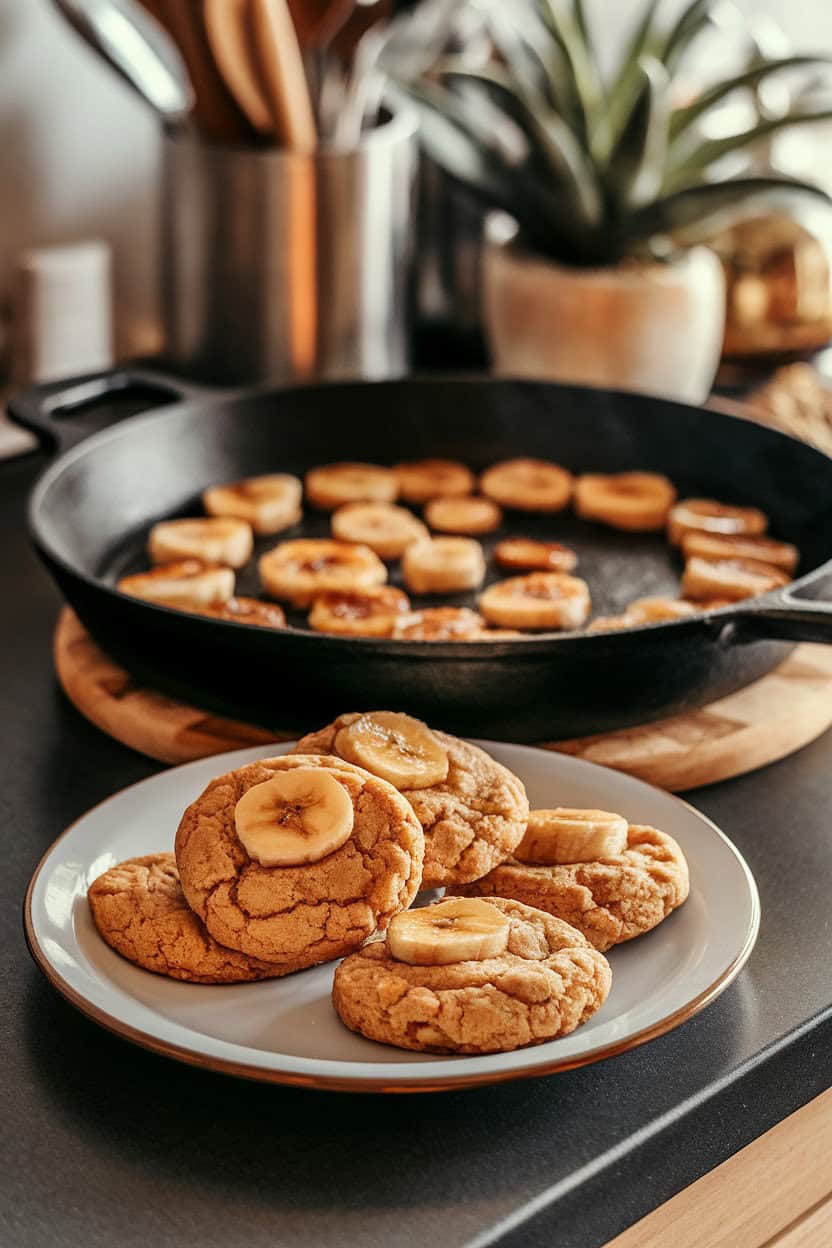 Indoor countertop with cookies dotted by caramelized banana pieces, a small skillet of browned banana slices in background—no text or branding.