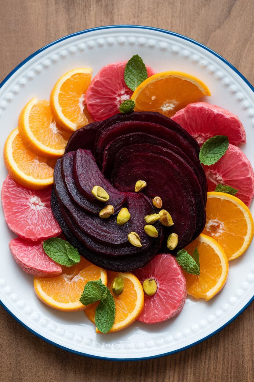 Indoor plate with sliced roasted beets arranged next to orange and grapefruit segments, sprinkled with pistachios and mint. No branding visible.