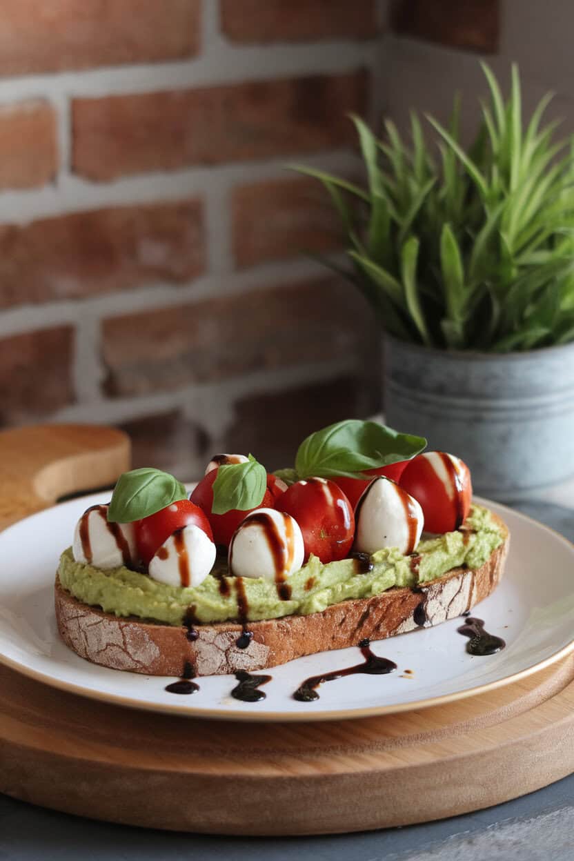 An indoor brunch plate holding thick toast spread with mashed avocado, cherry tomato halves, mozzarella pearls, and balsamic drizzle—photo, no text or logos