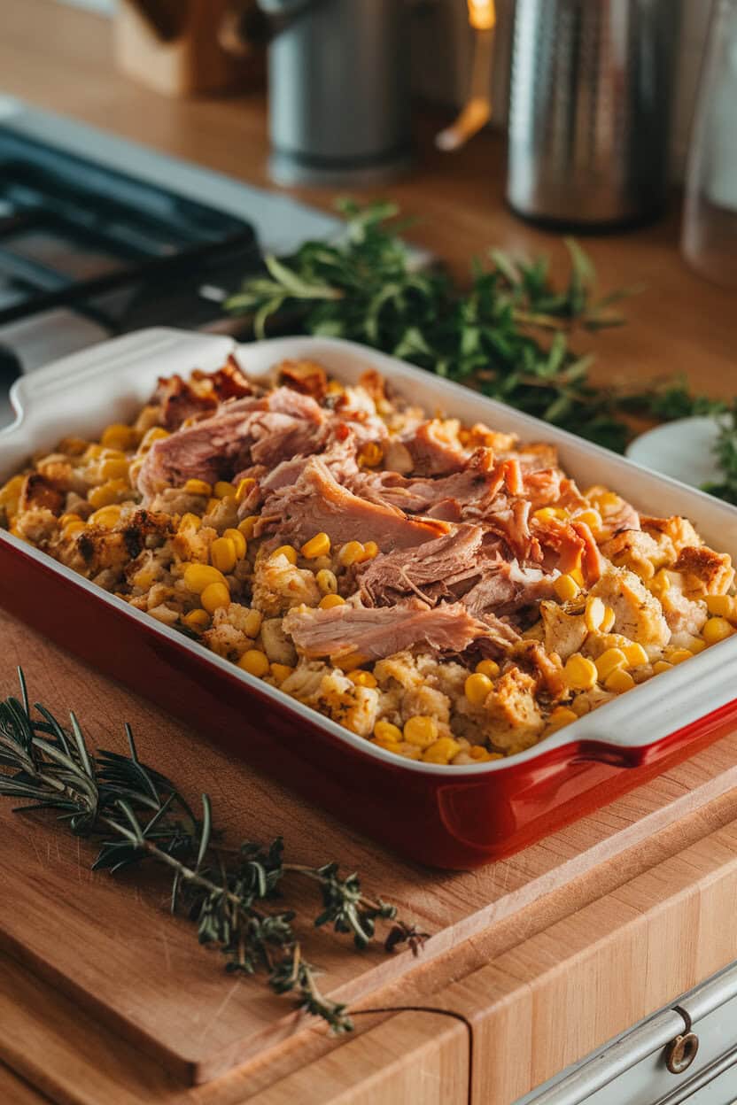 An indoor kitchen island featuring a baking dish of stuffing with visible smoked turkey shreds and yellow corn kernels under warm light. No text or logos; photo only.