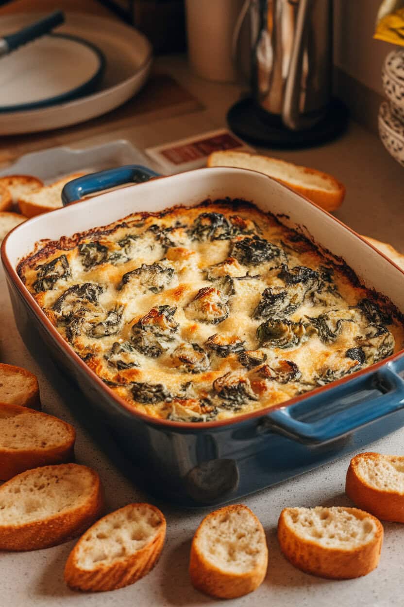 A bubbling ceramic baker of creamy spinach and artichoke dip on an indoor countertop, surrounded by crostini for dipping. Warm, cozy lighting with no labels in view.