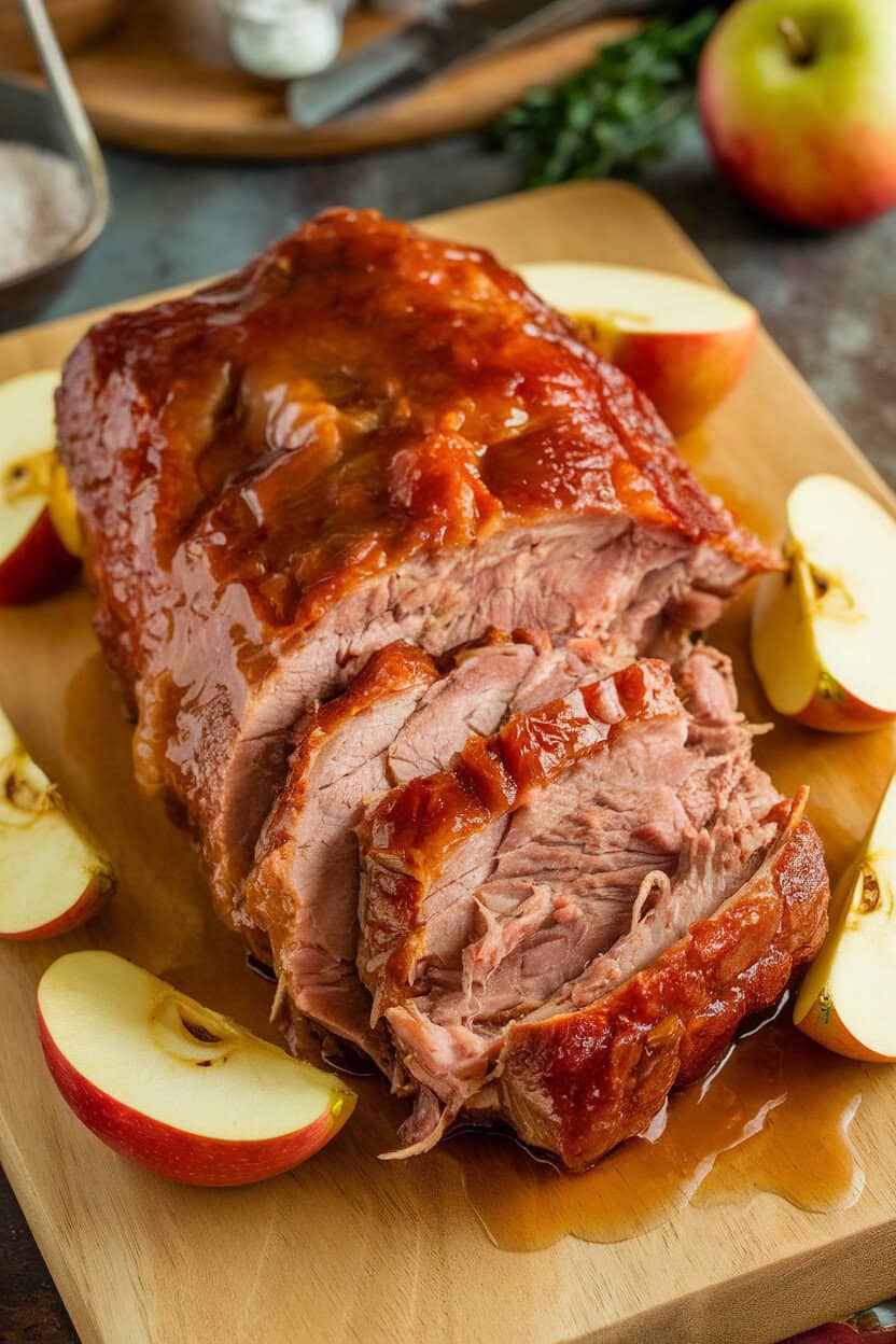 An indoor carving board with tender braised pork shoulder pulled into chunks, glossy apple cider glaze pooling around, and roasted apple wedges as garnish. Photo only, no text or logos.
