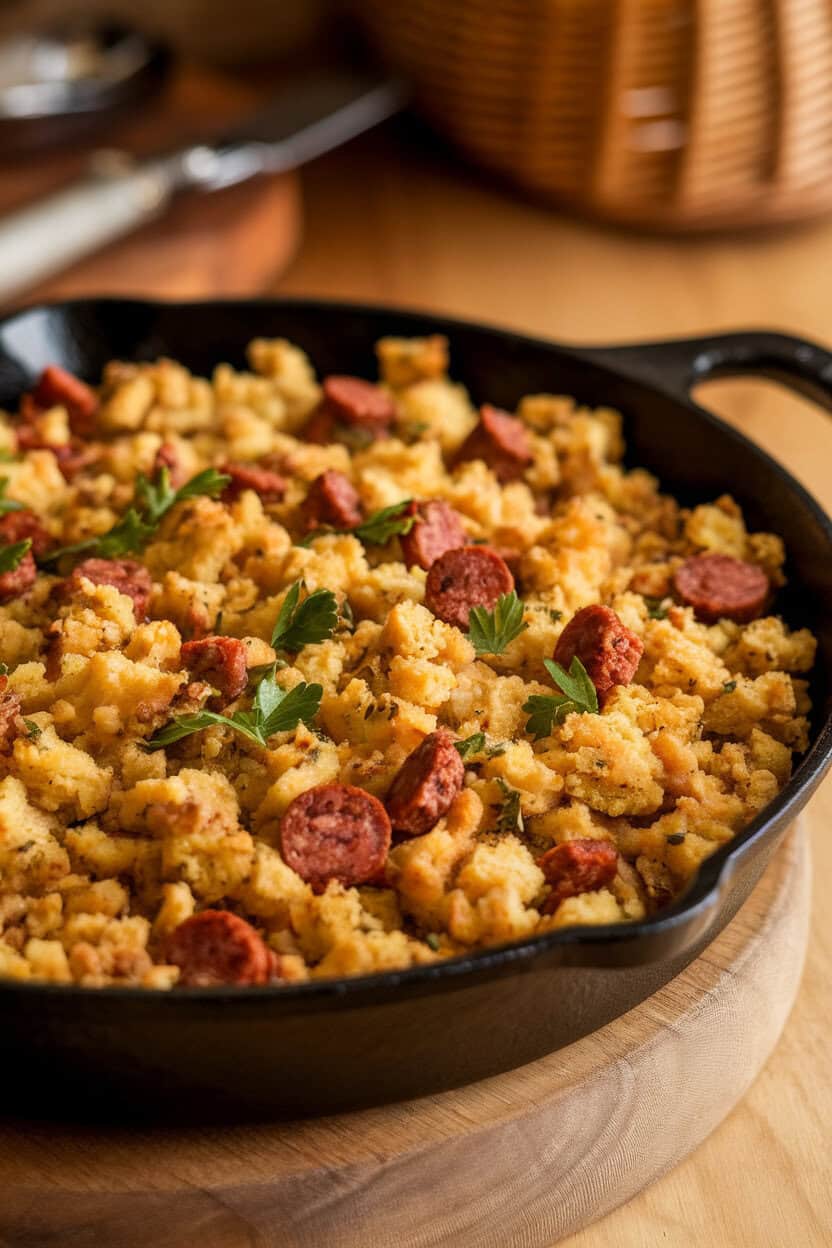 An indoor dining table featuring a cast-iron skillet of crumbly cornbread stuffing studded with browned sausage and flecks of parsley, soft yellow light highlighting the texture. No text or logos; photo only.