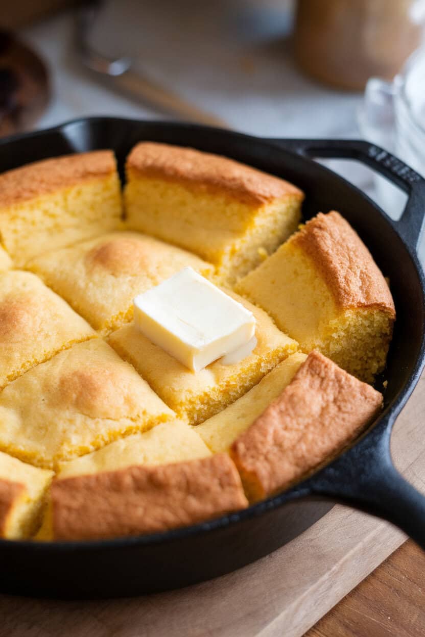 Indoor shot of a cast-iron skillet cornbread, cut into neat squares, a pat of butter melting on one piece. No text or logos visible. Photo only.