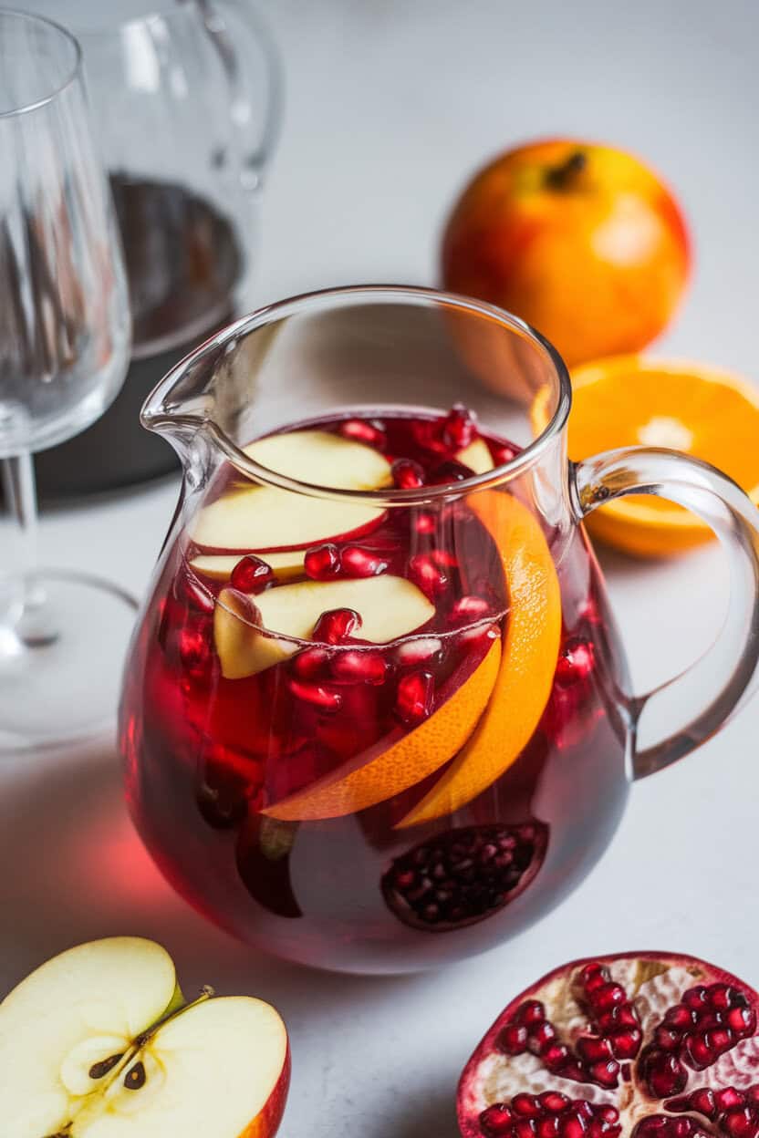 Photo of a clear pitcher indoors, crimson sangria filled with apple, orange, and pomegranate seeds, wine glasses nearby. No text or logos.