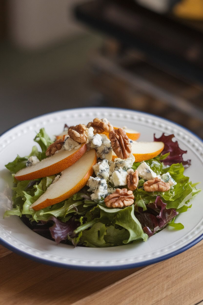 An indoor dining table featuring mixed greens topped with ripe pear slices, crumbled blue cheese, and toasted walnut halves on a white plate. No text or logos. Photo.