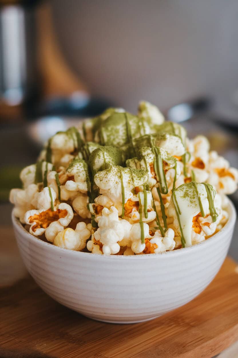 Indoor bowl photo of popcorn drizzled with melted white chocolate and dusted lightly with green matcha powder. No text or logos.