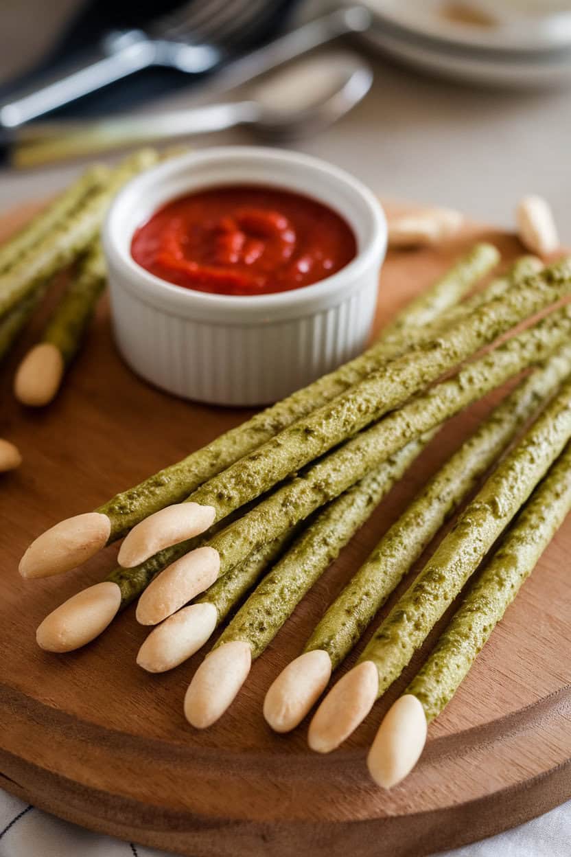 An indoor wooden board holding slender breadsticks tinted green with pesto, each tipped with a blanched almond “fingernail,” and a side ramekin of marinara. Soft indoor lighting, no logos or text, photo only.