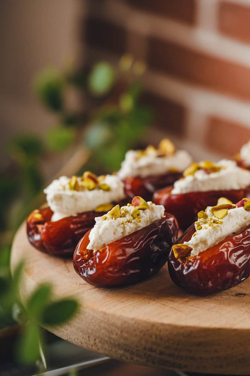 Warm indoor close-up of glossy Medjool dates split open and filled with creamy goat cheese, a sprinkle of crushed pistachios on top. No text or logos.