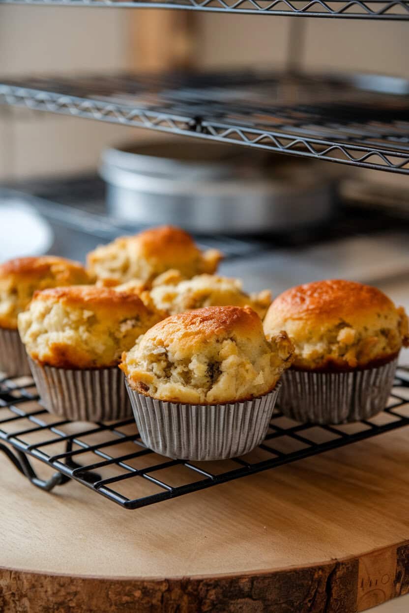 An indoor bakery rack holding individual stuffing muffins in a metal tin, tops golden-brown and slightly domed. No text or logos; photo only.
