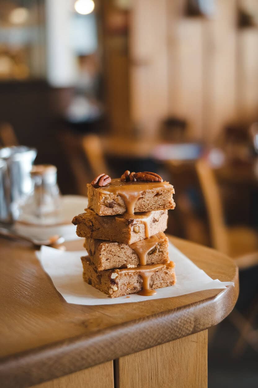An indoor café countertop with a stack of maple pecan blondies, maple glaze drizzled on top. No text or logos.
