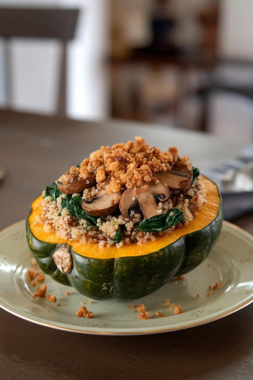 A plate on an indoor dining table holding a halved acorn squash filled with sautéed mushrooms, spinach, and quinoa, toasted breadcrumbs on top; no text or logos. Photo.