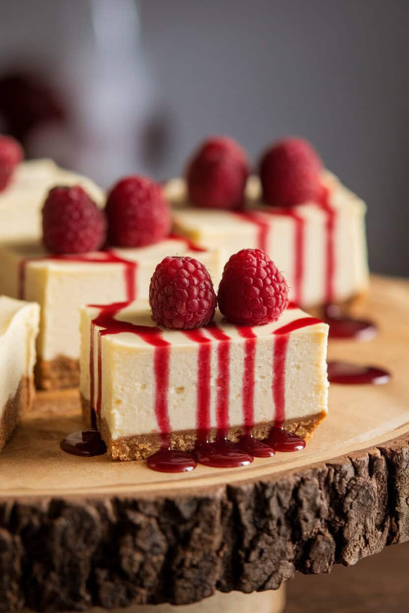 Photo, not illustration. Cheesecake bars on an indoor platter with twin raspberry “bite marks” and thin syrup drips resembling blood. Soft lighting, no logos.