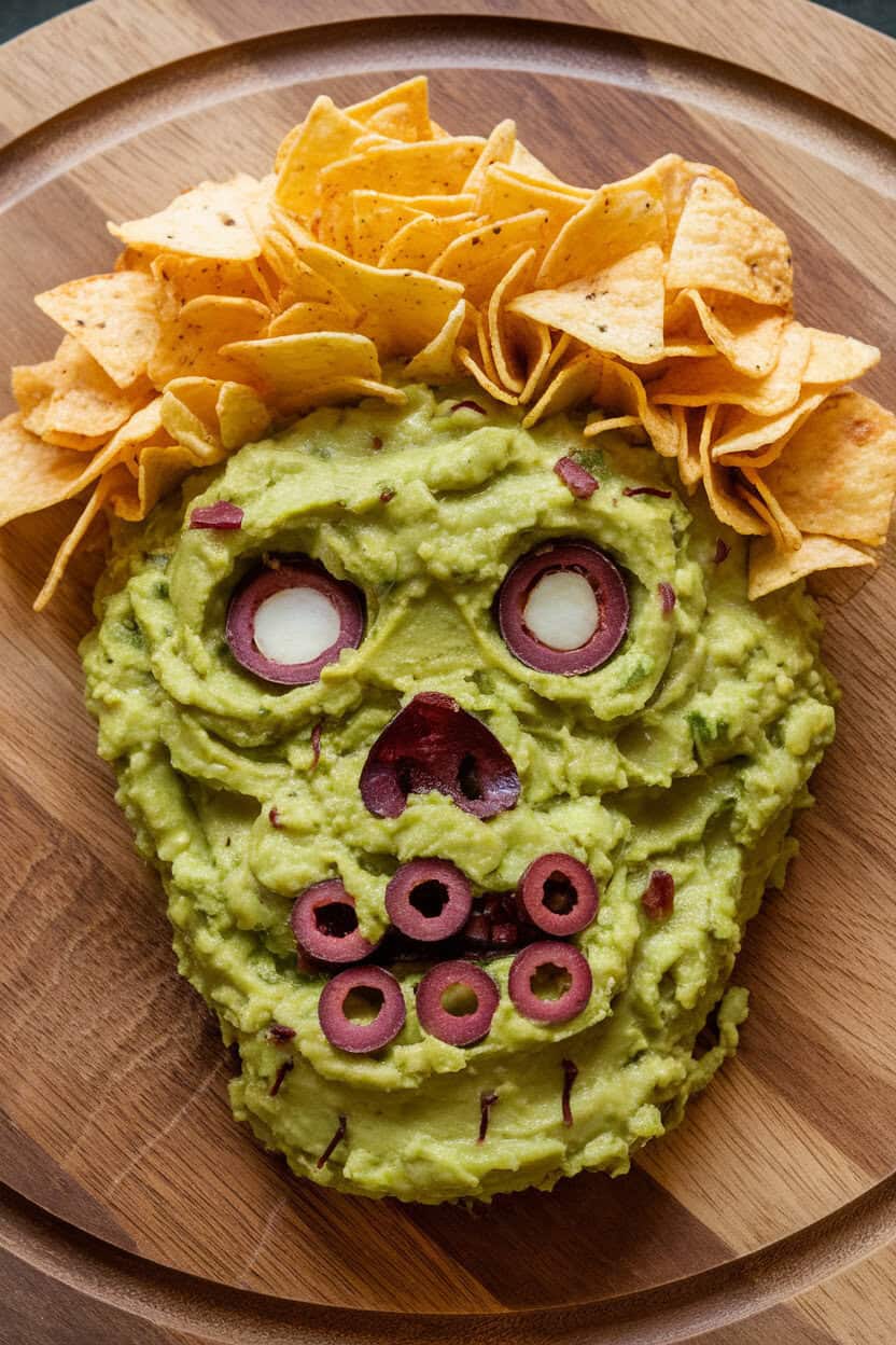 An indoor platter showing a mound of guacamole sculpted into a zombie face with tortilla chips for hair and olive slices for eyes. No text or logos.