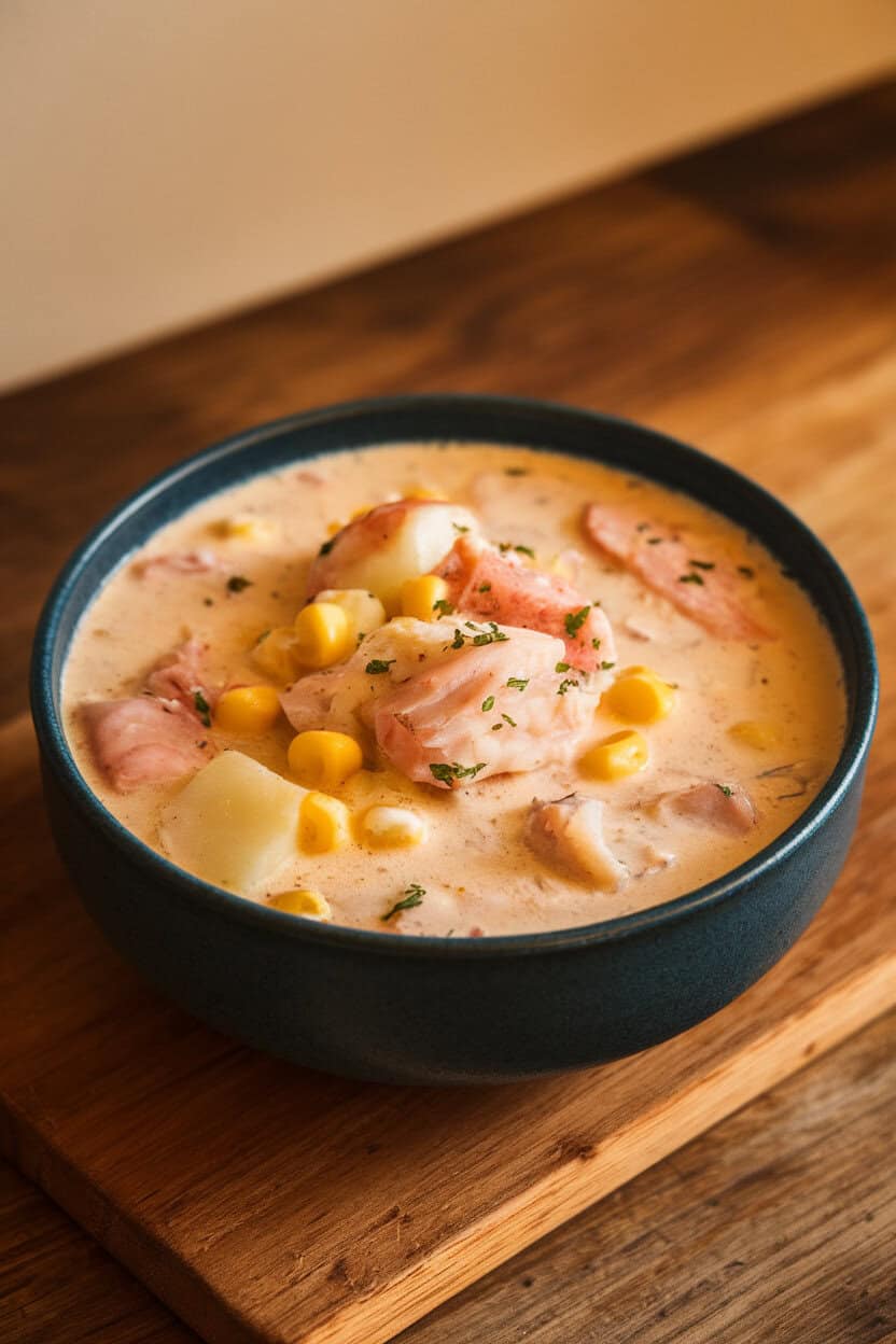 A bowl of creamy cooked seafood chowder with chunks of fish, potatoes, and corn, photographed indoors, no text or logos.