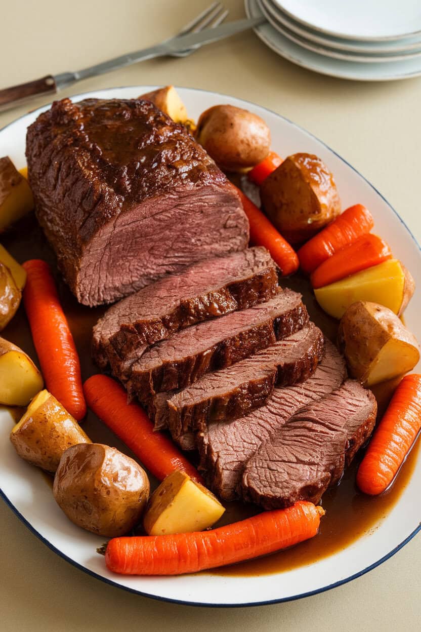 An indoor dining table set with a platter of sliced pot roast surrounded by glazed carrots, potatoes, and parsnips, a rich gravy pooled underneath. No text or logos in view. Photo, not illustration.