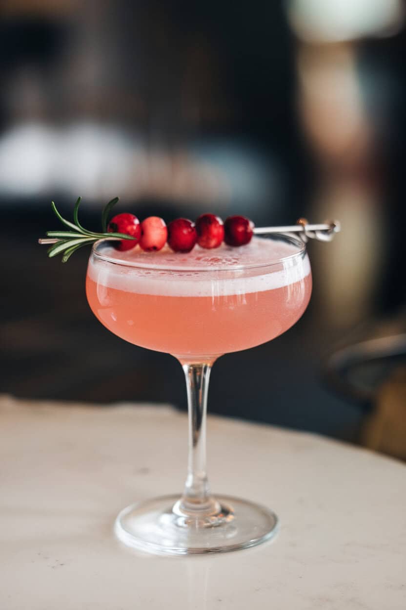 A bright indoor shot of a coupe holding a frothy pink cocktail, tiny cranberries skewered on a rosemary sprig garnish. No text or logos on glassware.