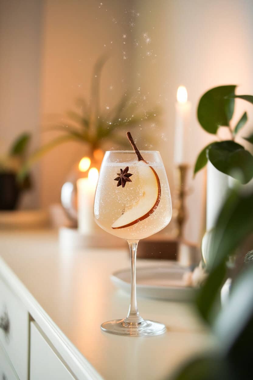 A softly lit indoor dining room sideboard showing a stemmed wine glass of pale Spiced Pear Spritz, thin pear slice and star anise floating, sparkling bubbles rising; no text or logos; photo