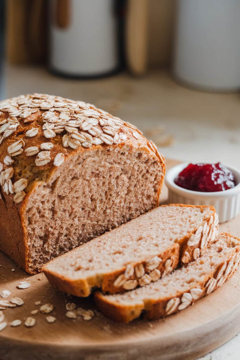 Indoor photo of a loaf with oats sprinkled on top, two neat slices laid beside a small dish of jam. No logos or text.