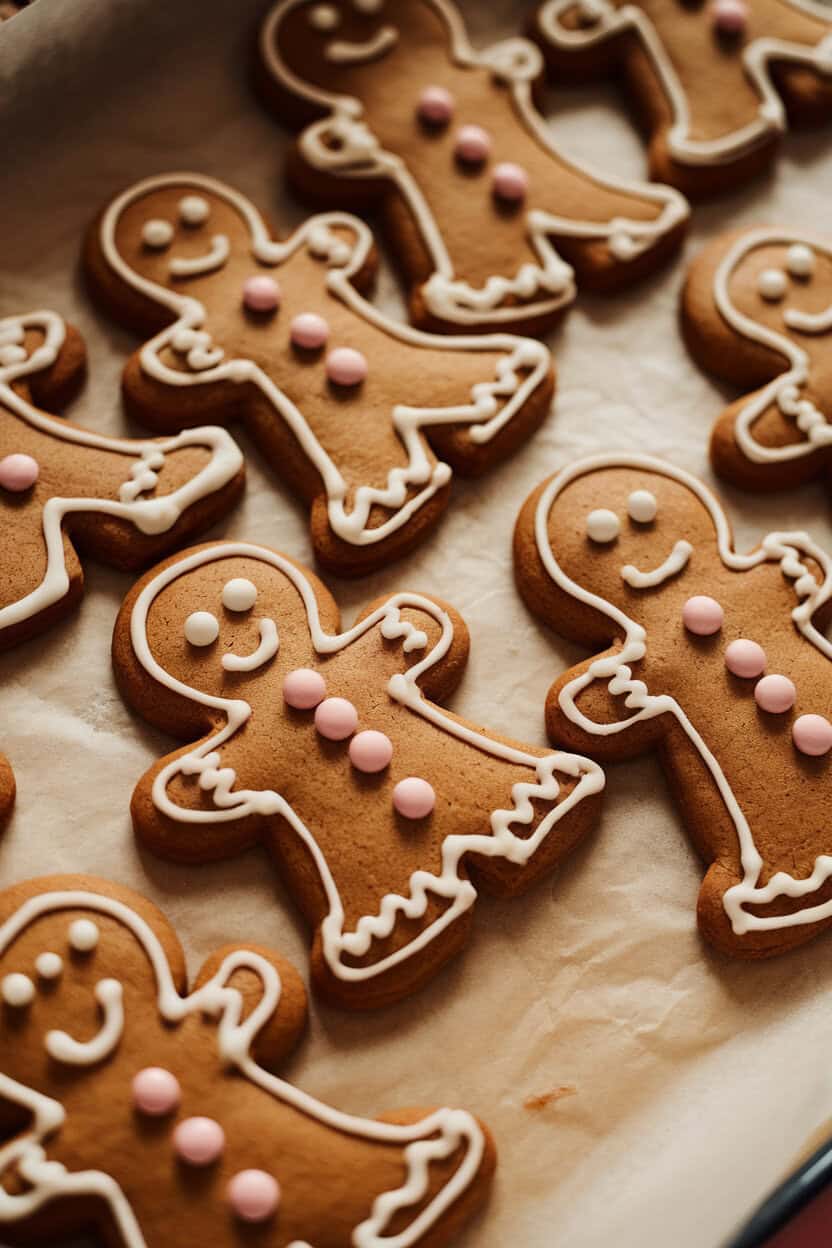 An indoor photo of classic gingerbread people lined up on parchment paper, decorated with simple white icing outlines and candy buttons. Warm, cozy lighting; no text or logos.