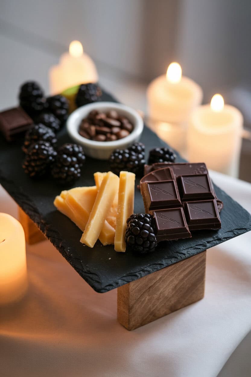 Indoor photo of a slate board featuring dark chocolate squares, aged cheddar, blackberries, and roasted coffee beans in a tiny dish, all under soft candle-like lighting. No text or logos. Photo, not illustration.