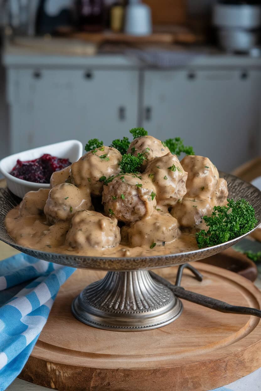 Indoor serving platter piled with Swedish meatballs coated in creamy brown gravy, fresh parsley sprinkled on top, alongside a small dish of lingonberry jam. Photo only, no text or logos.