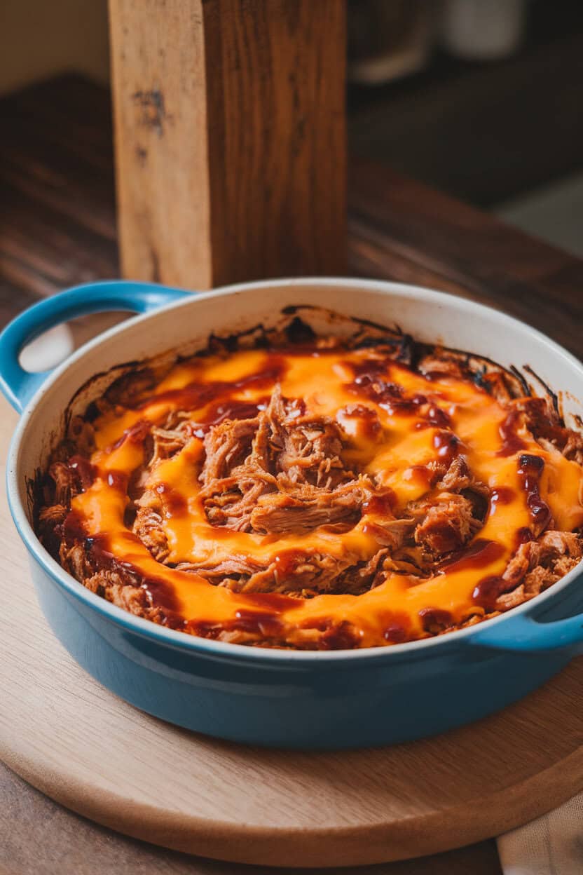 Indoor kitchen island showing a casserole swirled with saucy pulled pork and melted cheddar, lightly charred barbecue sauce spots on top. No text or branding. Photograph.