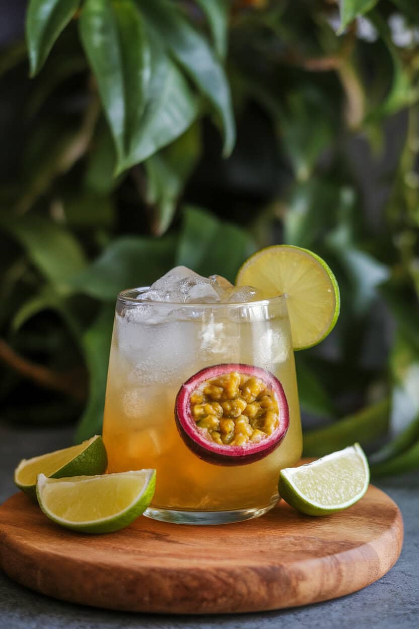 Short glass filled with crushed ice, golden passion fruit seeds visible in the cocktail, lime wedges pressed against the glass, indoor photo, no text or logos.