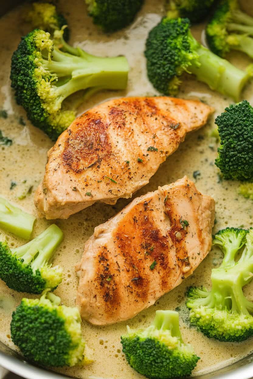Indoor skillet shot of chicken breast strips simmering in a creamy coconut lime sauce with bright green broccoli florets. No text or logos.