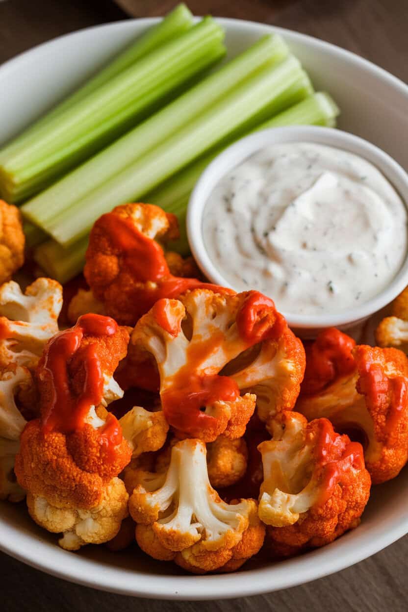 Photo of a white bowl indoors with oven-roasted cauliflower florets coated in buffalo sauce, served with celery sticks and ranch dip; no text or logos
