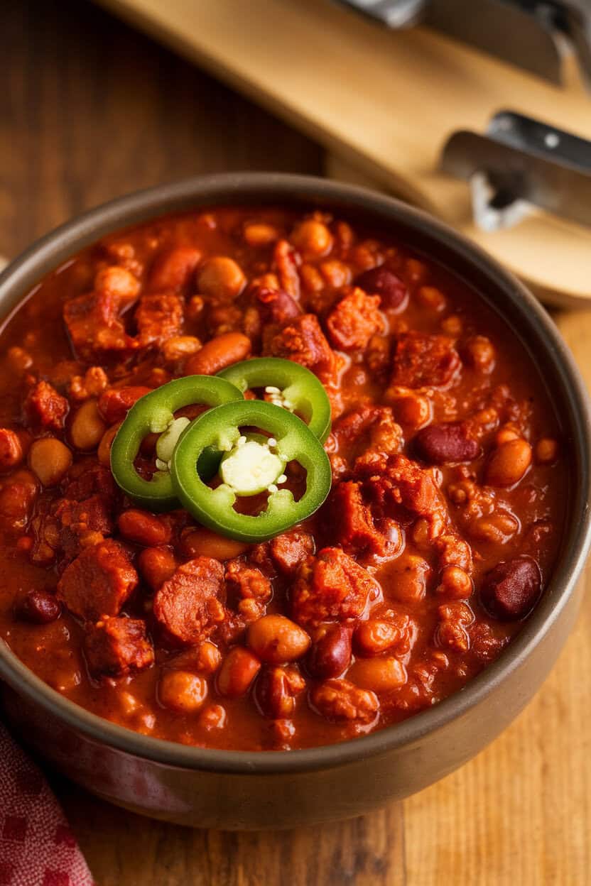 Indoor photo of a deep bowl of spicy chorizo and pinto bean chili, sliced jalapeños on top; no text or logos