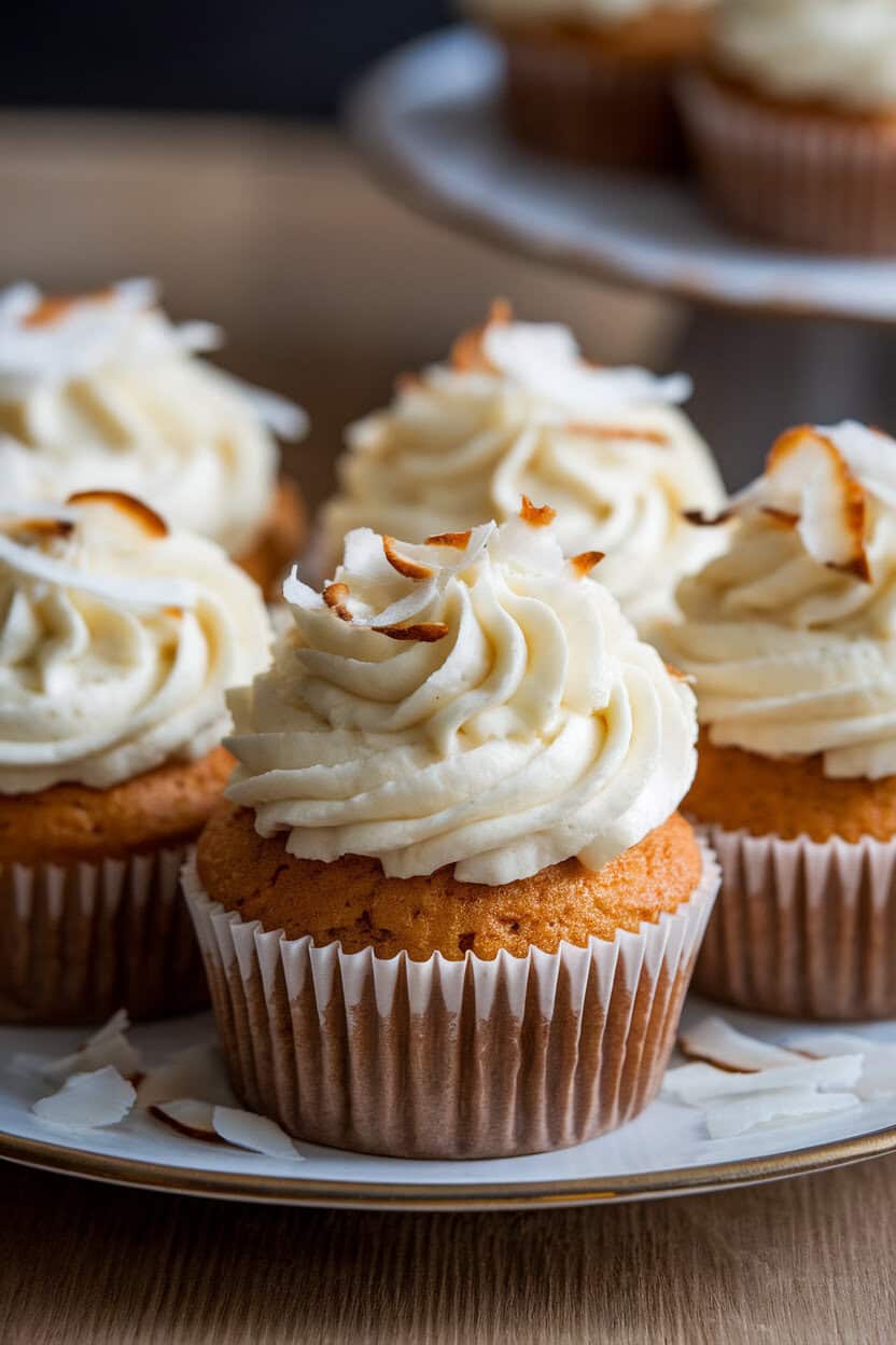 Indoor photo of toasted coconut cupcakes with rum-infused buttercream, topped with extra toasted coconut flakes, sitting on a neutral plate. No logos or text.