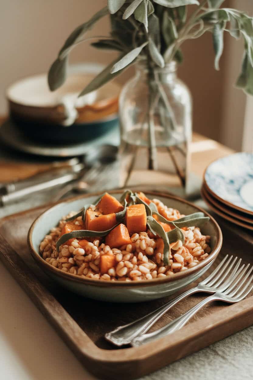 An indoor dining table set with a shallow dish of nutty farro mixed with roasted butternut cubes and sage ribbons. Warm lighting, no logos or text. Photo only.