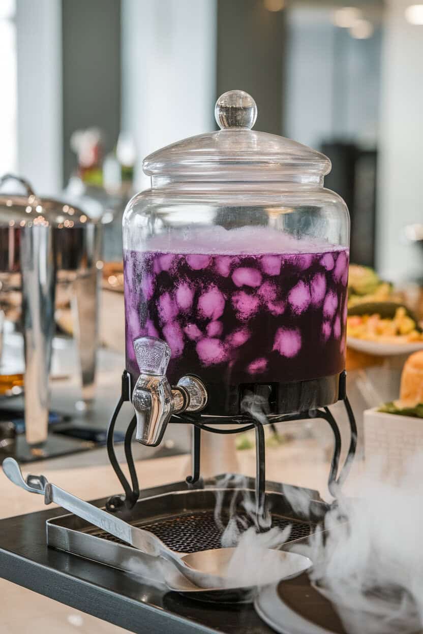 A glass beverage dispenser on an indoor buffet filled with vibrant purple punch emitting wisps of fog from hidden dry ice, ladle resting nearby. No brands or logos visible.