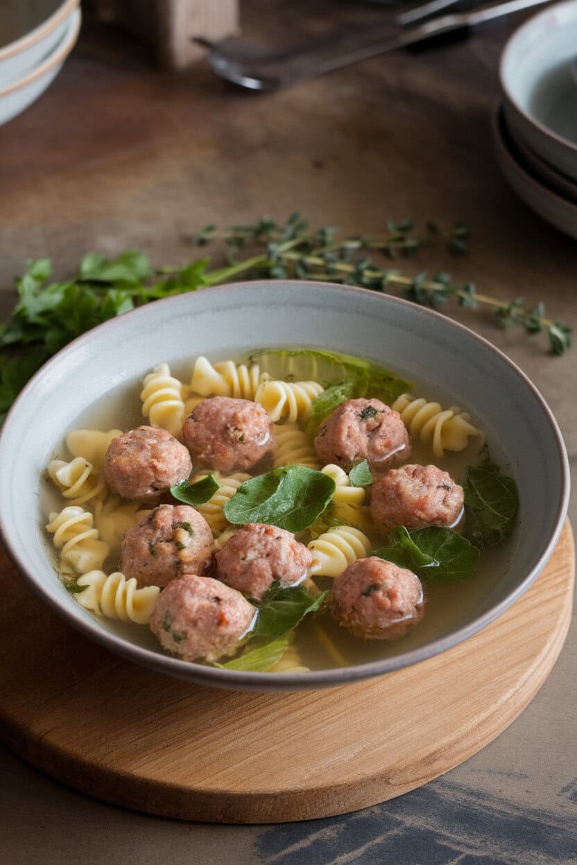 Indoor image of a shallow bowl holding mini meatballs, tiny pasta, and bright green escarole floating in clear broth. No text or logos