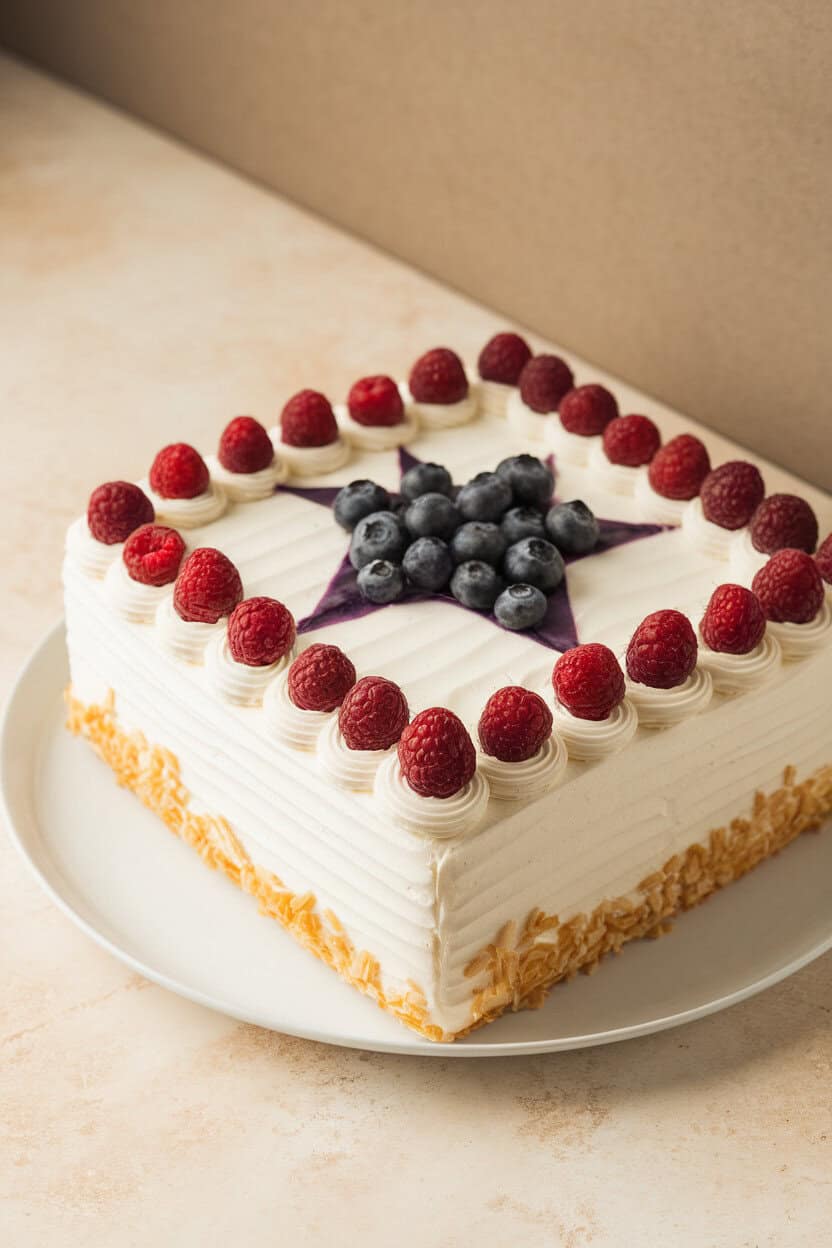 Indoor photo of an almond-flavored sheet cake iced in white buttercream, blueberry star quadrant and raspberry stripes arranged neatly, no text or logos