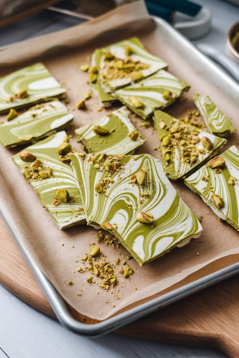 Photo prompt: A parchment-lined baking sheet indoors displaying swirled white chocolate bark with vibrant green matcha streaks and crushed pistachios, overhead view, no text or logos.