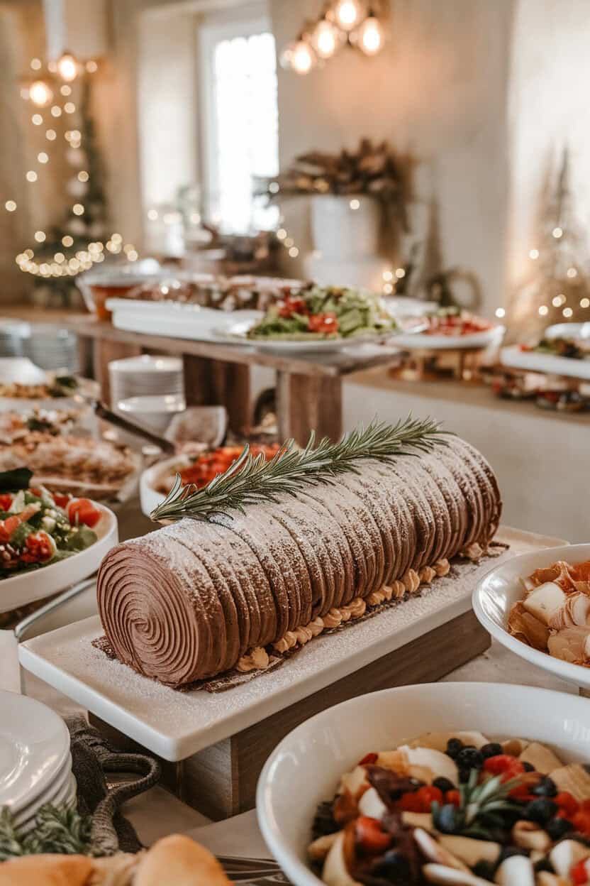 Indoor buffet setting with a chocolate roulade yule log, dusted with powdered sugar and garnished with rosemary “pine” sprigs. No logos or text present.