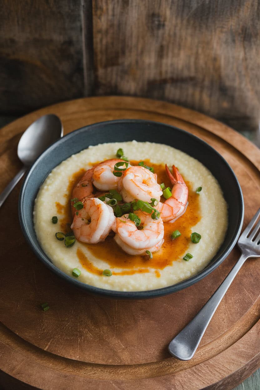 Indoor dining table showing a shallow bowl of creamy grits topped with sautéed shrimp in a smoky butter sauce, garnished with chopped scallions. No text or logos visible.