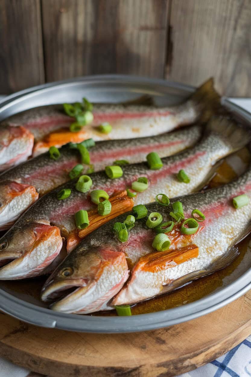 Indoor serving platter displaying cooked rainbow trout fillets brushed with a glossy ginger-soy glaze, garnished with scallions. No logos visible.