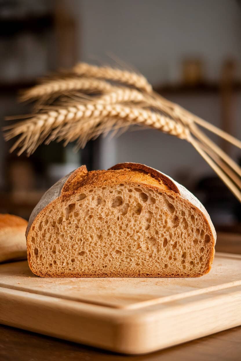Photo of an einkorn loaf on an indoor cutting board, crumb showing golden tint, stalk of einkorn wheat blurred behind. No text or logos.