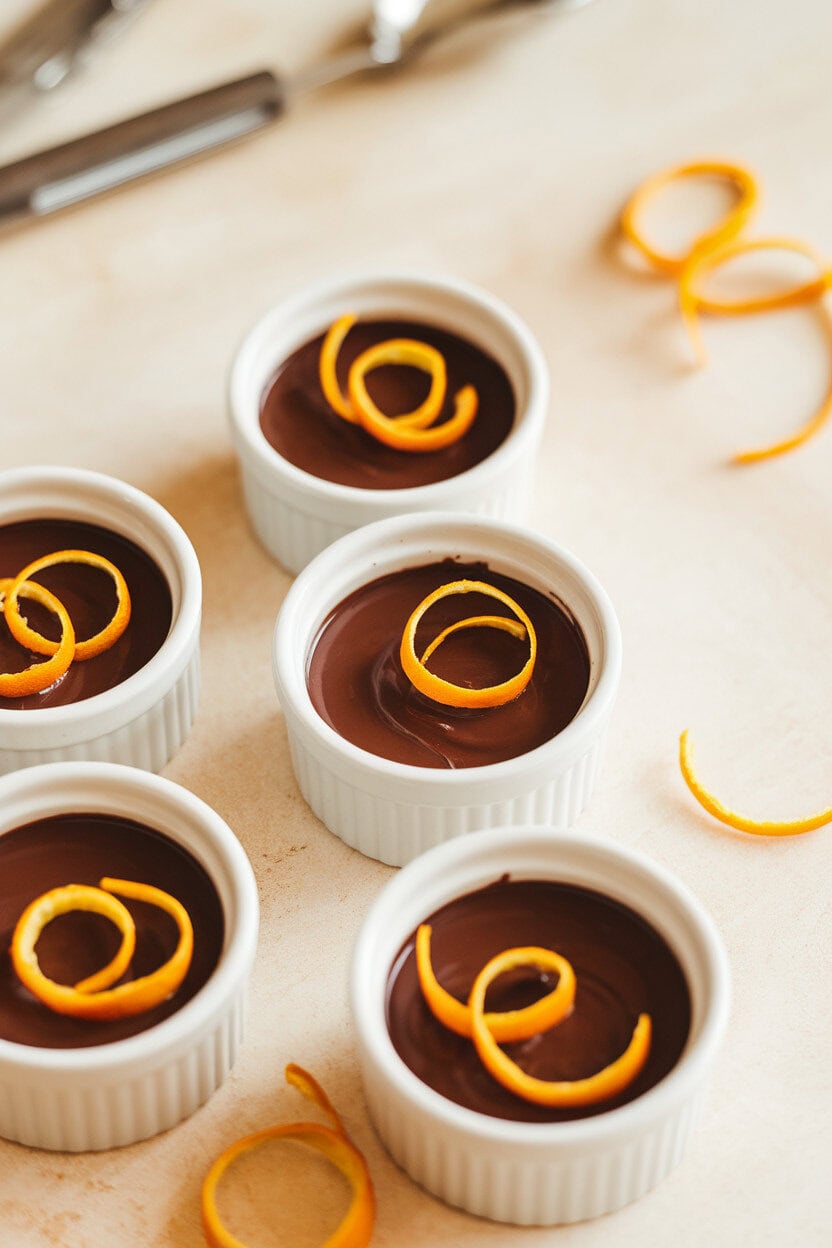 An indoor close-up of small ramekins filled with glossy chocolate pots de crème, thin orange zest curls on top; no text or logos. Photo, not illustration.