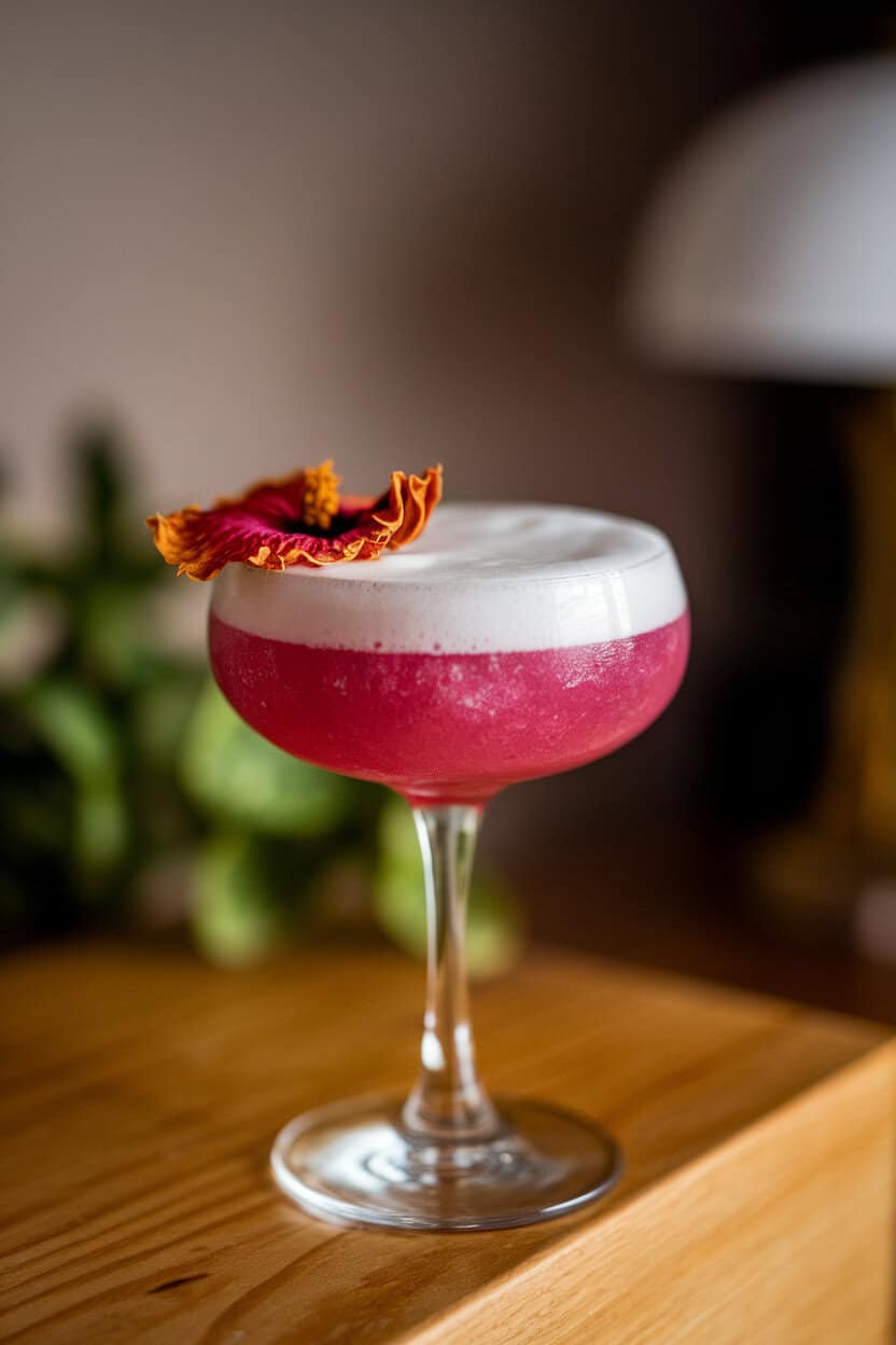 Coupe glass holding a vivid magenta gin sour with a frothy egg-white cap and edible dried hibiscus flower resting on the foam. Indoor setting, no logos or text.