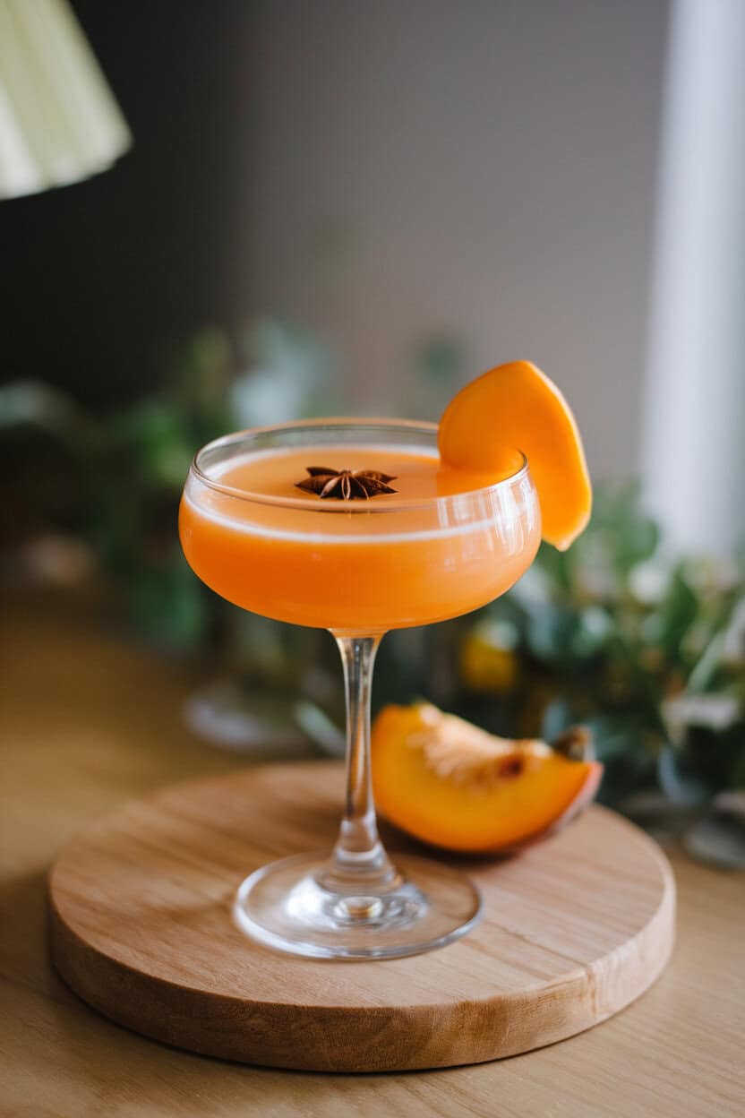 Indoor coupe showcasing a bright orange cocktail, tiny star anise floating, persimmon slice on side. No text or logos.