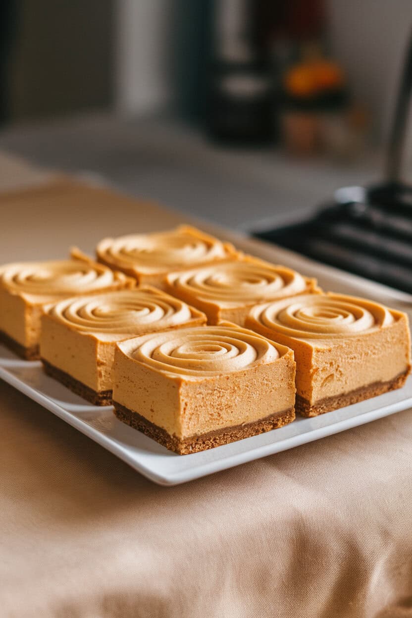 A square white plate on an indoor table holding neatly cut pumpkin cheesecake bars with swirled cream-cheese tops and a graham-cracker crust. No logos or text. Photo only.