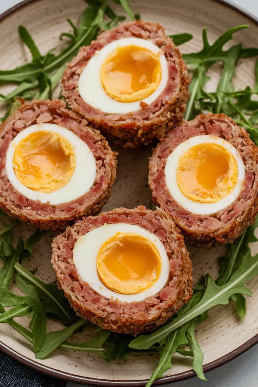 Photo of halved cooked lamb Scotch eggs showing a golden yolk center, served on an indoor plate with arugula, no text or logos.