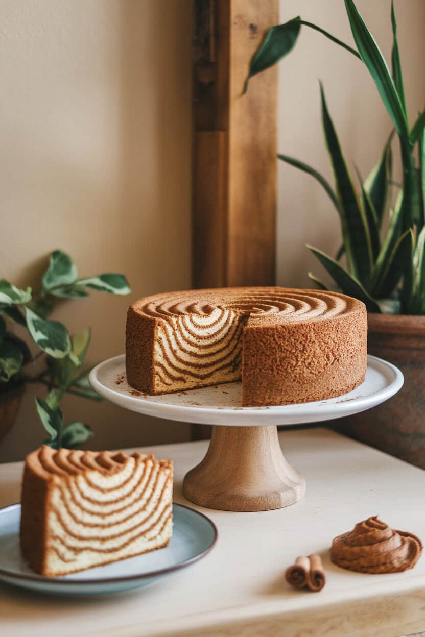 An indoor breakfast nook scene showing a sliced cinnamon swirl coffee cake on a cake stand, delicate crumb and thick cinnamon ripple visible. No text or logos included. Photo, not illustration.