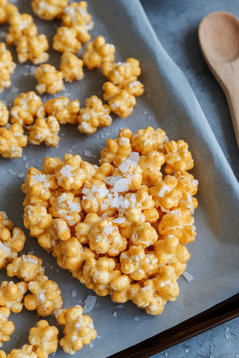 Indoor baking sheet lined with parchment holding golden caramel corn sprinkled with flaky sea salt, no branding in scene.